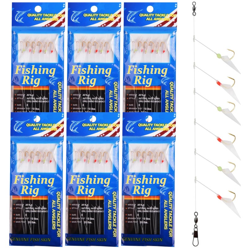 OROOTL Fishing Bait Rigs Saltwater, 6 Packs Surf Fishing Rigs with Sharp Hooks Fish Skin Feather Swivel Snap Glow Saltwater Lures Sea Bass Cod Herring Hook Rig Size 4 6 8 - Image 1